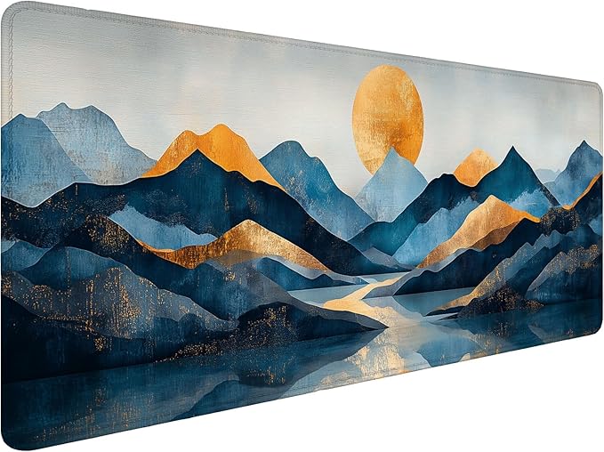 Abstract Mountains Desk Mat Golden Blue Vintage Golden Sun XL Mouse Pad Large Mousepad Extended Laptop Keyboard Mat Gaming Desk Pad Mouse Mat 31.5"x11.8" Office Computer Keyboard Laptop Home