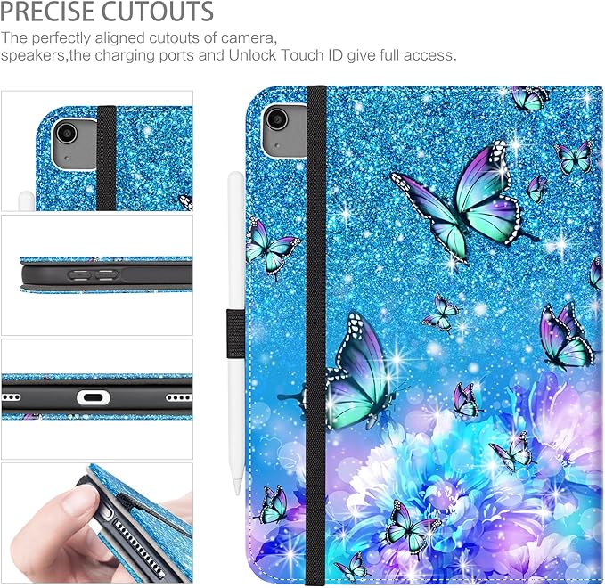 iPad Air 13 inch Case M4/M3/M2, iPad Pro 12.9 6th/5th/4th/3rd Generation with Pencil Holder Multi-Angle View Adjustable Stand Shockproof Pocket/Hand Strap/Auto Wake Sleep, Flower Butterfly