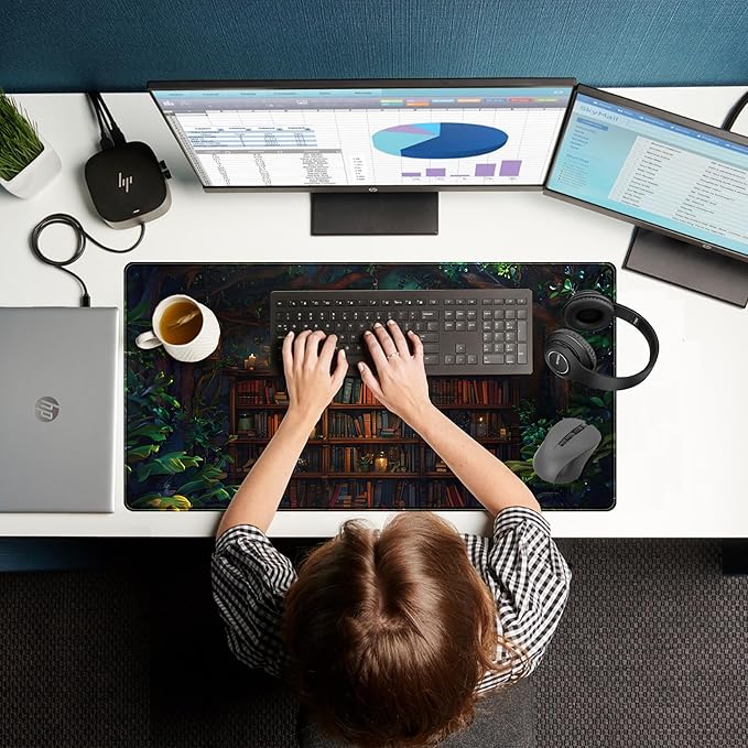 Large Desk Pad Anime Mouse Mat, Extended Gaming Mouse Pad Forest Library Keyboard Pad, Computer Desktop Pad Full Desk Mat XXL, Magical Cottagecore Decor for Office Laptop 31.5x15.7 Inch