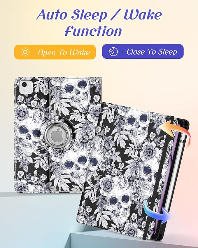 Kidcube for iPad Air 13 Inch Case (M3/M2)/for iPad Pro 12.9 Cases 6th/5th (2022/2021) - Women Girls Cute Rotating Stand Folio Cover with Pencil Holder & Card Slot Design Flowers Goth Skull Cover