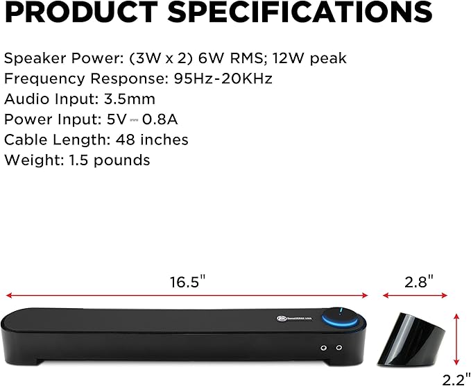 GOgroove Computer Speaker Mini Soundbar - USB Powered PC Sound Bar with Easy Setup Wired AUX, Stereo Audio, Microphone Port, Volume Control Knob, Under Monitor Design for Desktop (Blackout)
