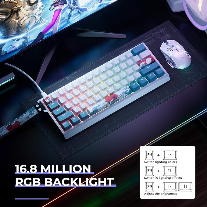 HITIME x XVX 60% Percent Keyboard with Strap, H61 Wired Aluminum Gaming Keyboard, Hot Swappable, Kanagawa Anime PBT Keycaps, RGB Backlit, Cherry Profile, Sound Absorbing Pads, Creamy Linear Switch