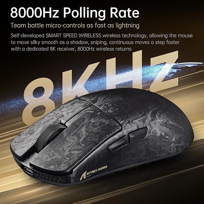 ATTACK SHARK R11 Ultra 8K Carbon Fiber Wireless Gaming Mouse with 42000 DPI-PAW3950 MAX Sensor-49g Lightweight,Nordic 52840 MCU Chip,Wired/BT/2.4Ghz Programmable,RGB Coiled Cable for PC Mac(Black Ink)