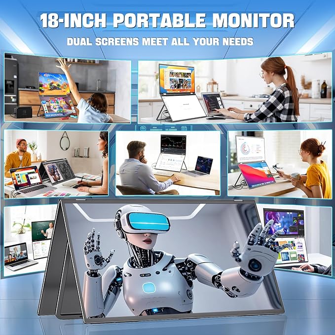 InnoView Dual Portable Monitor 18" 2560x1600P 100Hz 2K 100% DCI-P3 - Foldable & Stackable Design with 315° Screen Adjustment & 180° Stand | DP/USB-C/HDMI, Second Monitor for Laptop, Mac, Windows