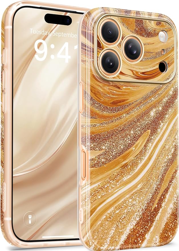 GVIEWIN for iPhone 17 Pro Case Compatible with MagSafe, [Full Camera Protection][Military-Grade Protection] Shockproof Protective Slim Magnetic Marble Phone Case for 17 Pro 6.3", Amber/Orange