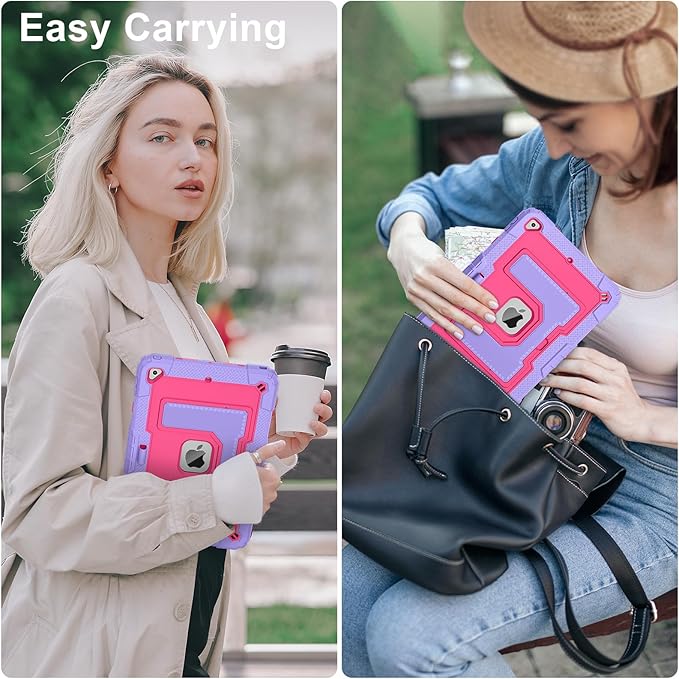 Kids Friendly Case for Apple iPad 10.2" 9th 8th 7th Generation 2021/2020/2019 Case with Pencil Holder & Shoulder Strap, Military Grade Shockproof Kickstand Hard Shell Protective Cover,Rose+Purple