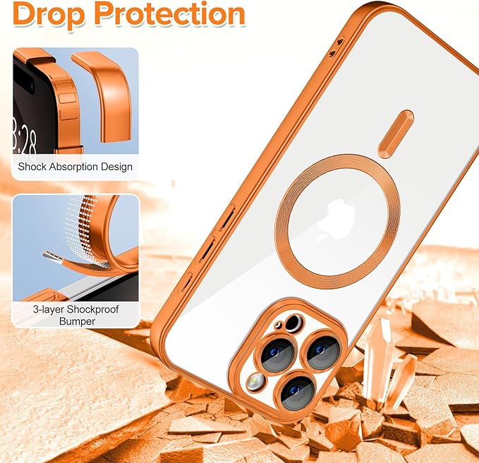 Hython Magnetic Clear for iPhone 16 Pro Max Case with Camera Lens Protector [Compatible with MagSafe] Plating Edge Slim Soft TPU Cover Protective Phone Case for iPhone 16 Pro Max 6.9", Matte Orange