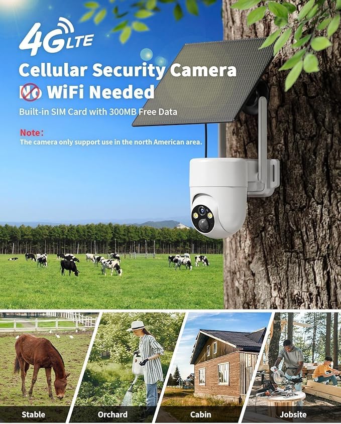 LIWAN Cellular Security Camera, No WiFi Security Camera, 4G LTE Solar Cameras Wireless Outdoor with SIM Card, 2K HD Color Night Vision, 360° Live View Off Grid Cam for Farm, Cabin, Construction Site