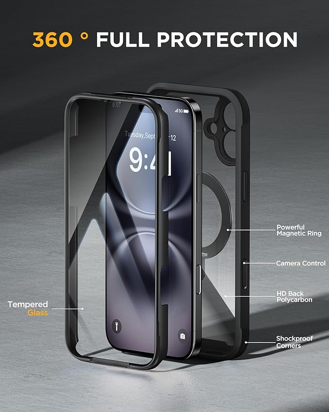 Miracase for iPhone 16 Case with 360° Magnetic Ring Stand [Compatible with Magsafe] Full-Body Drop Proof Bumper Phone Case with Built-in 9H Tempered Glass Screen Protector,Black