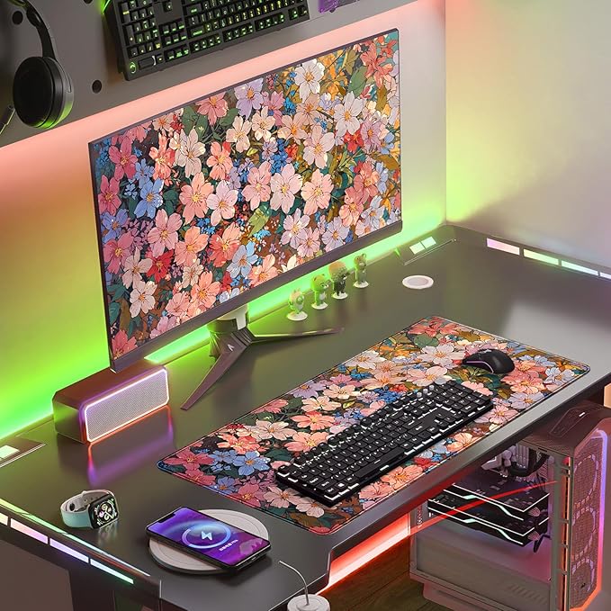 Floral Desk Mat for Women, Pastel Aesthetic Large Mouse Pad, XXL Desk Pad, Non-Slip Gaming Pad for Study Office Cubicle Decor 31.5x15.7in