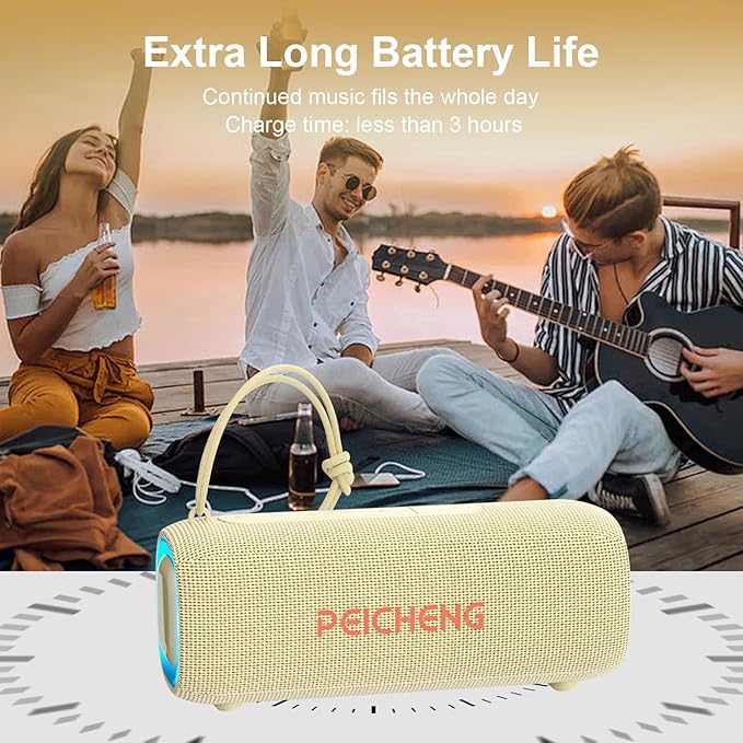 PEICHENG Bluetooth Speaker, Portable Wireless Clear Loud Stereo Sound IPX5 Waterproof with RGB Lights BT5.3 Long Playtime TWS Pairing,for Home Party Outdoor Beach,Great Gift Choice (Beige)