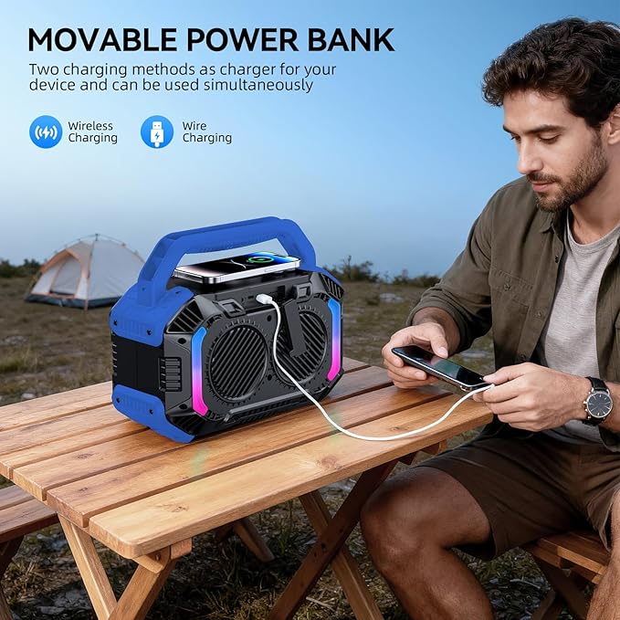 Wilody Speakers Bluetooth Wireless, 100W Loud Outdoor Speaker with Bass, IPX7 Waterproof Floatable, 20H Playtime, Wireless Charge, TWS, RGB Light, Portable Speaker for Work, Garage, Outdoor (Blue)