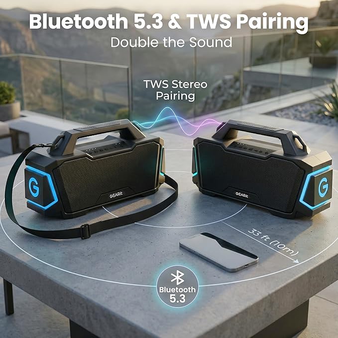 GEARit Boombox Outdoor Speaker Portable | 120W Subwoofer Deep Bass Karaoke | IPX6 Waterproof RGB Light Bluetooth 5.3 EQ | AUX/MicroSD/USB Power Bank 12H Playtime for Camping Beach Party Pool Gift