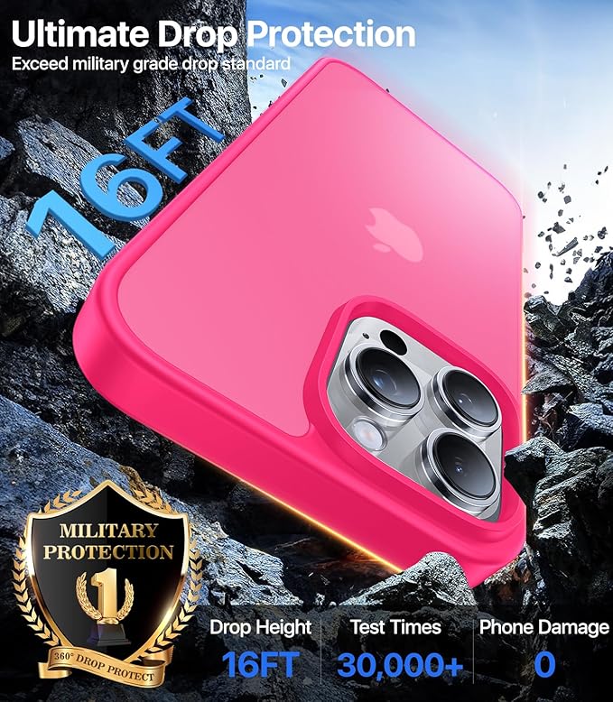 for iPhone 15 Pro Max Case, [Military-Grade Drop Protection][Anti-Yellowing] Shockproof Protective Translucent Matte Cover for iPhone 15 Pro Max Phone Case,Hot Pink