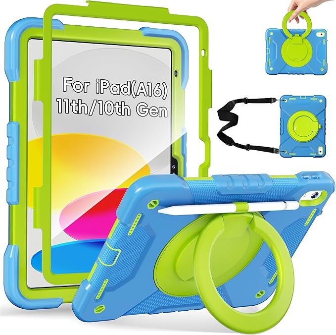 Andnary Case for iPad (A16) 11th Generation 11 inch 2025/10th Generation 10.9 inch 2022, Shockproof Cover with Screen Protector/360° Rotate Handle/Bracket/Pen Holder/Shoulder Strap (Blue+Green)