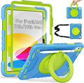 Andnary Case for iPad (A16) 11th Generation 11 inch 2025/10th Generation 10.9 inch 2022, Shockproof Cover with Screen Protector/360° Rotate Handle/Bracket/Pen Holder/Shoulder Strap (Blue+Green)