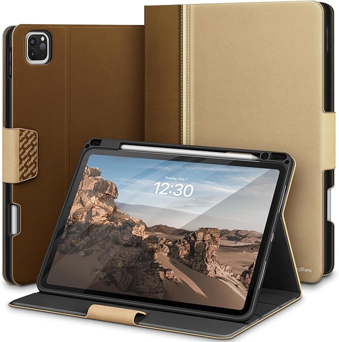 KingBlanc Case for iPad Pro 11-inch (M5 2025, M4 2024) with Pencil Holder, PU Leather Durable Protective Cover, Auto Sleep/Wake, Support Pencil Pro/Pencil (USB-C), Viewing/Typing Angles, Beige