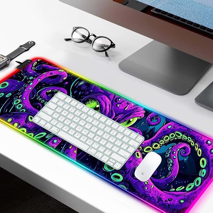 RGB Octopus Monster Gaming Desk Mat, Computer Keyboard Large Extended Cool Neon Animal LED Mouse Pad for Office and Home, 31.5×11.8 Inches, XL