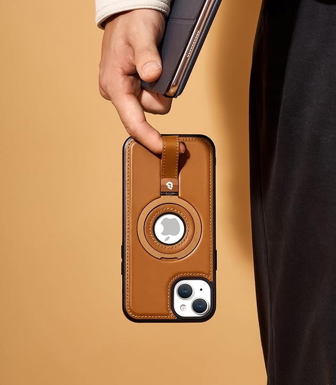 Butaiga for iPhone 14 /iPhone 13 Leather Case with Stand, Anti-Slip Grip Ring, Fits for MagSafe (Brown, iPhone 14/13)