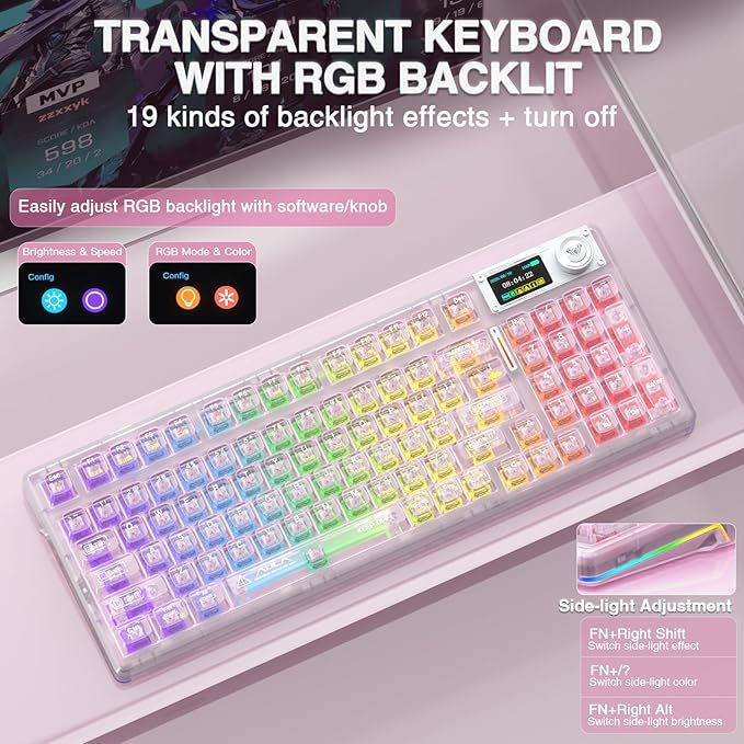 AULA F98 Pro V3 Wireless Mechanical Keyboard with Transparent Keycaps,Hot-swappable,Pre-lubed Linear Switches,Gasket Structure,RGB Backlit,TFT Screen,BT5.0/2.4G/USB-C Wired Computer Keyboard