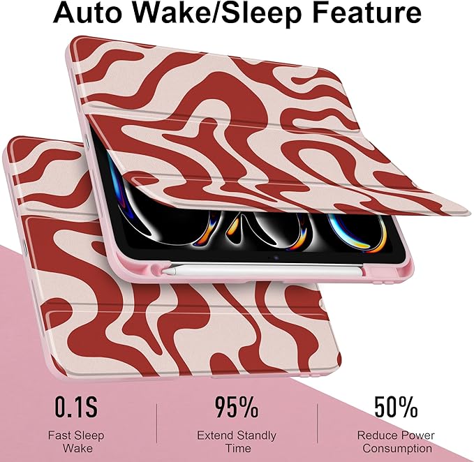 TWOLSKOO Case for iPad Pro 11-inch (M5 2025 / M4 2024), Clear Acrylic Back with TPU Bumper, Pencil Holder, Trifold Stand, Auto Sleep/Wake, Red Waves