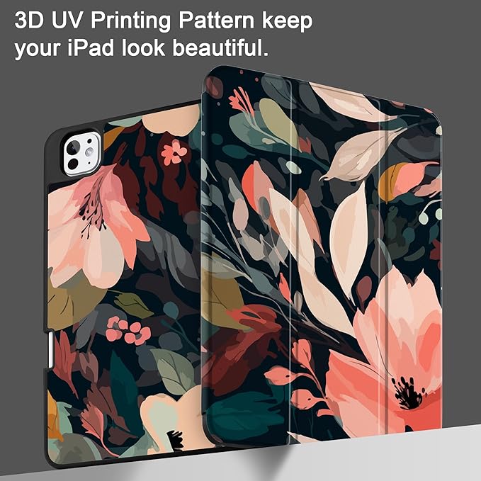 DONGKE Case for iPad Pro 11 inch (M5 2025 / M4 2024, 6th & 5th Generation) – [Built-in Pencil Holder] Ultra Slim PU Leather Trifold Stand Cover with Soft TPU Back, Auto Wake/Sleep, Painted Florals