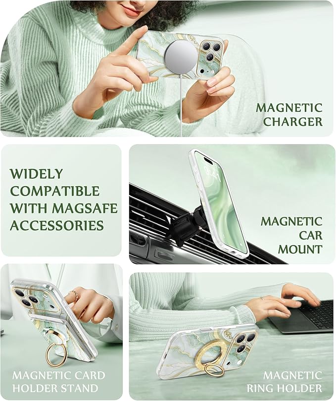 GVIEWIN for iPhone 17 Pro Case Compatible with MagSafe, [Full Camera Protection][Military-Grade Protection] Shockproof Protective Slim Magnetic Marble Phone Case for 17 Pro 6.3", Emerald/Green