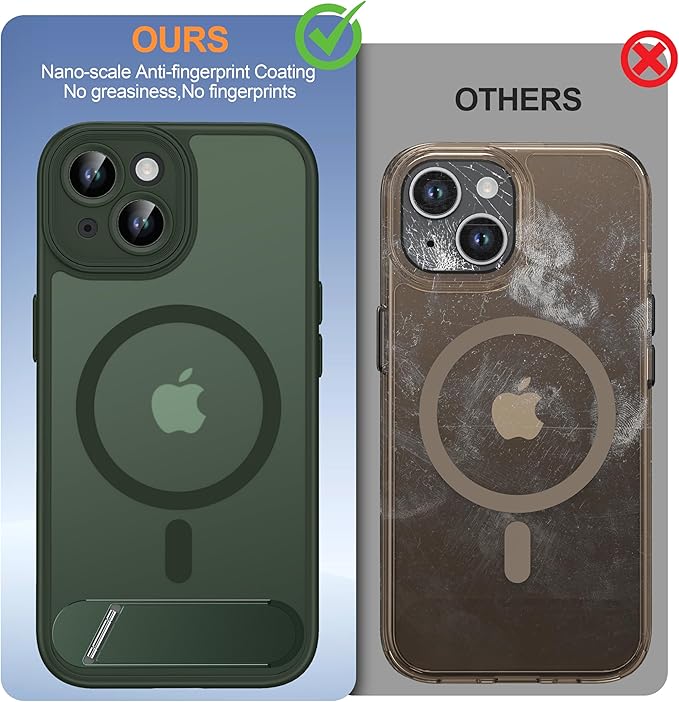Magnetic Compatible with iPhone 15 Case, [Built-in Invisible Kickstand][Compatible with MagSafe][Full Camera Protection] Translucent Matte Phone Case for iPhone 15 6.1" Dark Green