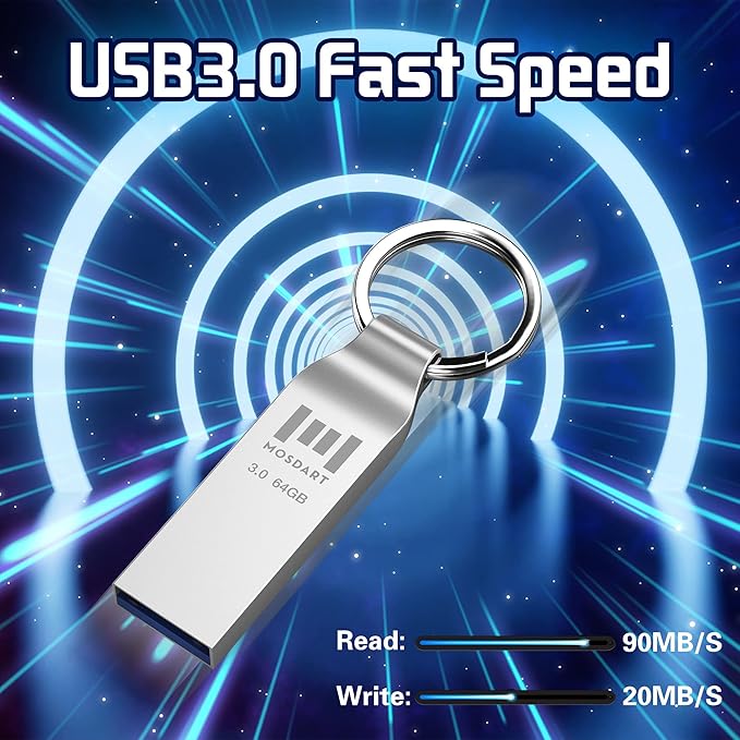 MOSDART 64GB Waterproof USB3.0 Flash Drive, Speed Up to 90MB/S, exFAT Metal Memory Stick with Keychain, for System Back, Data Storage, Silver