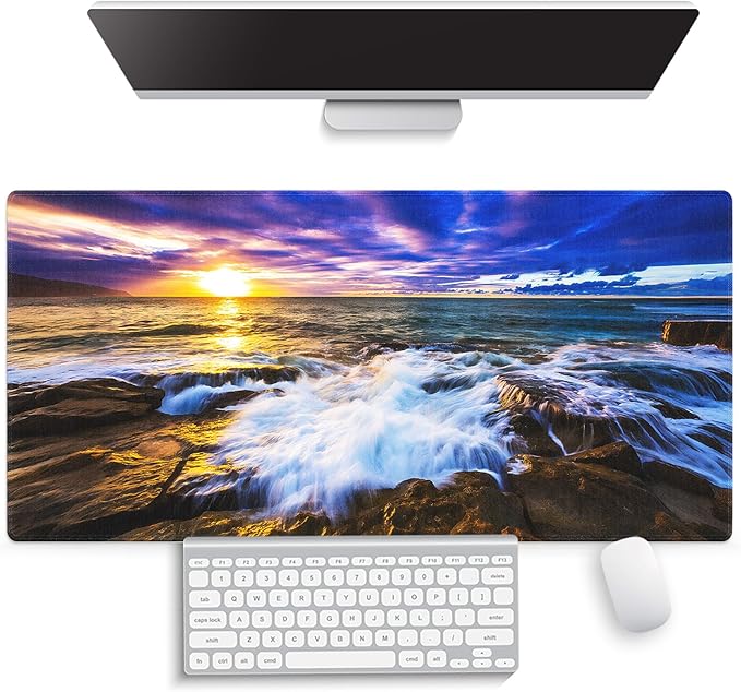 Large Gaming Mouse Pad (31.5" x 15.8") - Hawaiian Majestic Golden Sunset Glow over Turbulent Rocky Sea Rugged Coastline, Extra XXL Office Accessories, Premium Stitched Anti-Slip Office Desk Mat