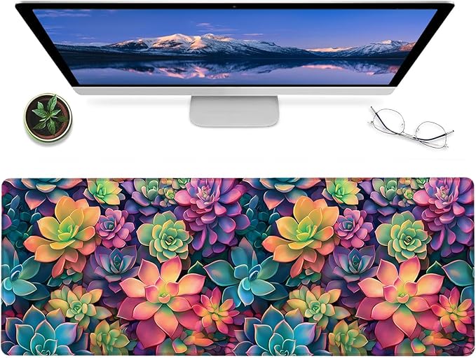 Colorful Succulent Pattern Gaming Mouse Pad – 12x31.5in Non-slip Rubber Desk Mat with Vibrant Plant Design – Large Extended Mousepad for Office Home – Deskmat Gifts for Nature Plant Lover Decor