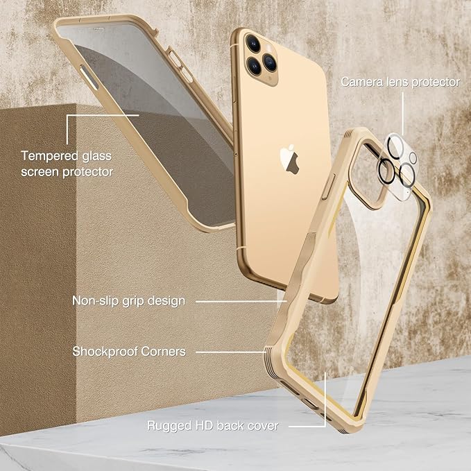 CENHUFO Privacy for iPhone 11 Pro Case, Full Body Phone Case with Built-in 9H Tempered Glass Privacy Screen Protector and Camera Lens Protector, Anti Peep Spy Shockproof Bumper Clear Cover - Beige