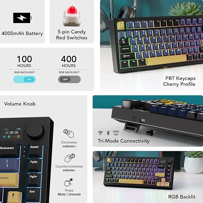 TECWARE Spectre 75 Mechanical Gaming Keyboard | Customizable LCD Screen Display & Knob | Tri-Mode Wireless Bluetooth 2.4GHz | Gasket Mount Hot Swappable | Ocean Gold Red Linear Switches