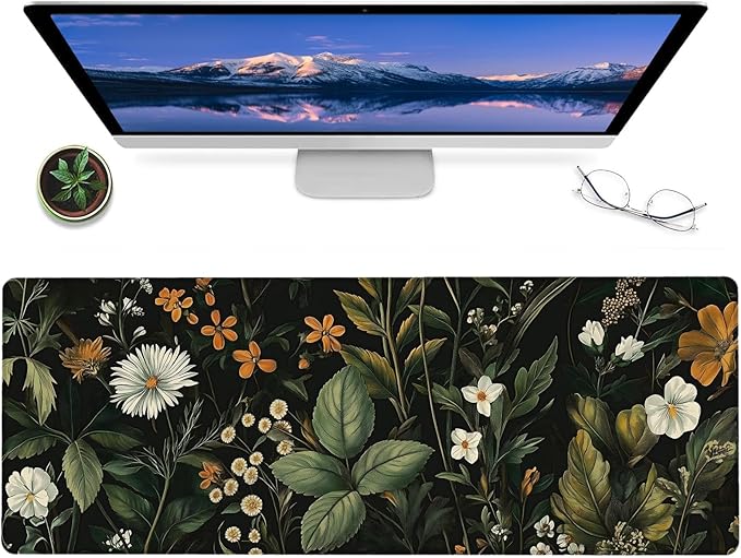 Dark Botanical Wildflower Gaming Mouse Pad – 12x31.5in Non-Slip Rubber Desk Mat with Vintage Floral Design – Large Extended Mousepad for Office Home – Deskmat Gifts for Nature Art Lovers Decor