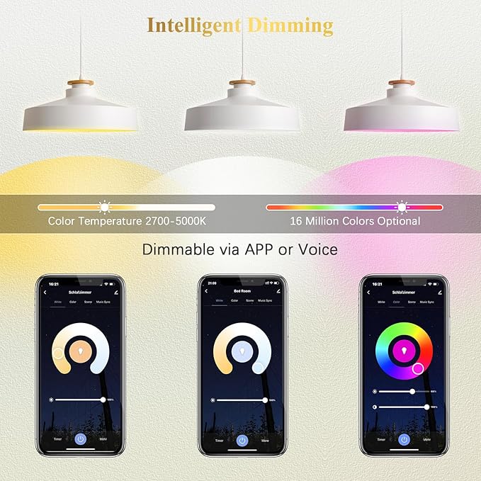 DiCUNO Smart Light Bulbs, Full Color Changing Bulb, Compatible with Alexa, Google Assistant, No Hub Required, RGBCW Multicolor Dimmable Smart LED WiFi Bluetooth A19 E26 9W 800LM Lights, 4-Pack