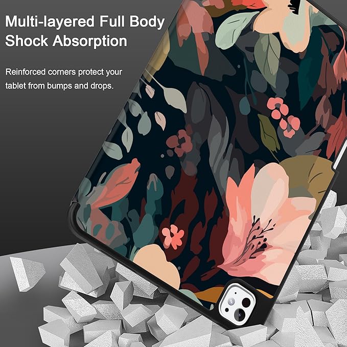 DONGKE Case for iPad Pro 11 inch (M5 2025 / M4 2024, 6th & 5th Generation) – [Built-in Pencil Holder] Ultra Slim PU Leather Trifold Stand Cover with Soft TPU Back, Auto Wake/Sleep, Painted Florals