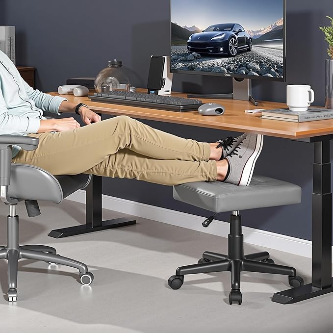 VECELO Under Desk Footrest, PU Ergonomic Foot Rest with Wheels, Comfort Padding, Height Adjustable for Relieving Leg Pain, Stiffness, and etc, Gray