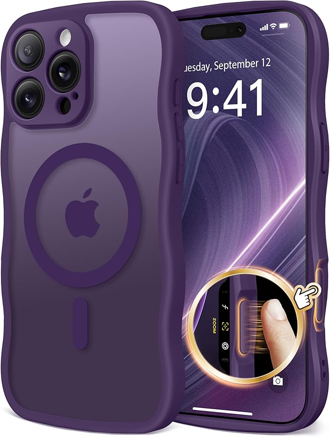 CAPRARO for iPhone 16 Pro Max Case for Women Girls, Upgraded [Full Camera Protection] [Compatible with MagSafe] Cute Wave Translucent Matte Phone Case for iPhone 16 Pro Max, Deep Purple