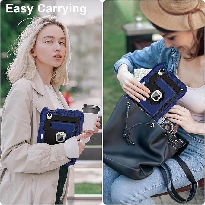Kids Friendly Case for Apple iPad mini 7 A17 Pro 2024/iPad Mini 6 2021 8.3 Inch 7th/6th Gen Case with Pencil Holder & Shoulder Strap, Shockproof Kickstand Hard Shell Protective Cover,Blue+Black