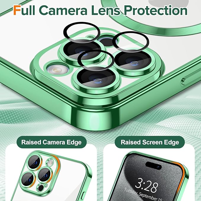 Hython Magnetic Clear for iPhone 15 Pro Max Case with Camera Lens Protector [Compatible with MagSafe] Plating Edge Slim Soft TPU Cover Protective Phone Case for iPhone 15 Pro Max 6.7", Light Green