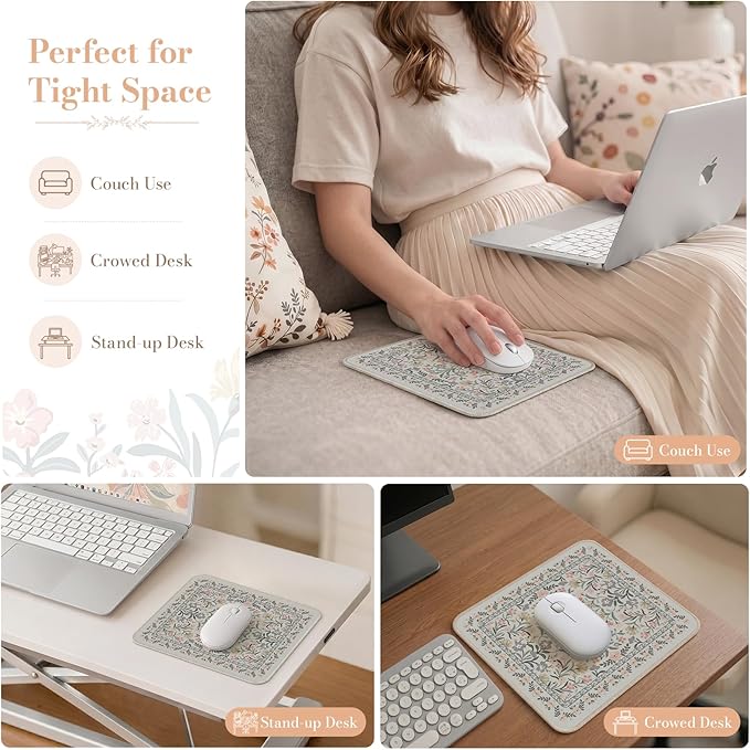 iCasso Aesthetic Small Floral Mouse Pad, Mini Portable Travel Mousepad, Anti-Slip and Comfortable Cloth Mouse Mat 7.9"x9.5" with Stitched Edges for Computer, Laptop, Office, Home(Gray Floral)