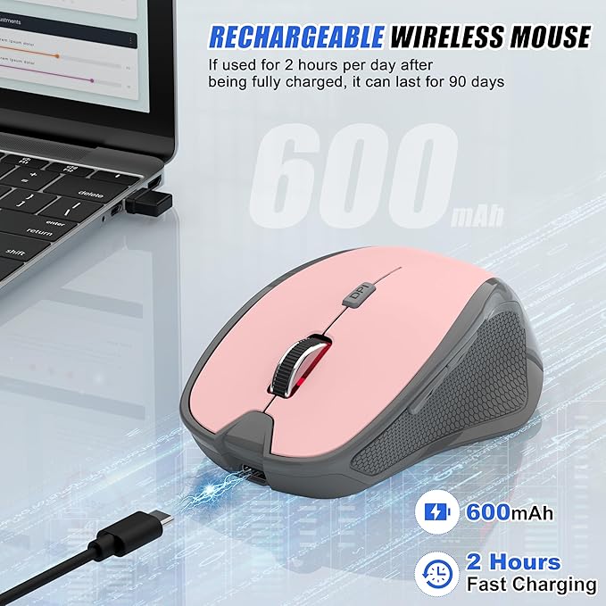 Bluetooth Wireless Mouse for Mac MacBook Air iPad Pro PC, Ergonomic Rechargeable Computer Mouse with Jiggler Mode, 3 DPI Levels & Forward/Back Buttons Laptop Mice for Office/Home/School, Pink