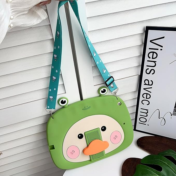 3D Cute Frog Duck Case for iPad 9th/8th/7th 10.2 inch,Kawaii Cartoon Character Frog Duck Soft Silicone Stand Case with Lanyard for Kids Teens Girls Women