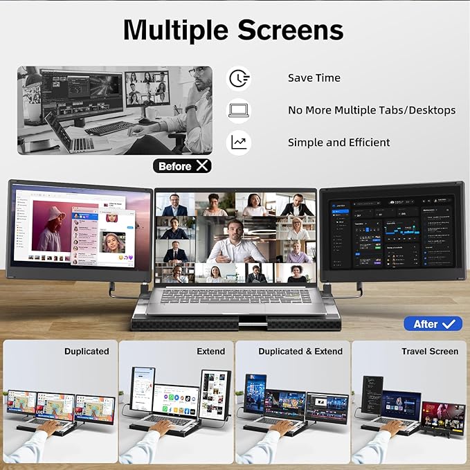 Laptop Screen Extender - 14" Triple Portable Monitor 360 Degrees Rotation IPS FHD 1080P Detachable Screen with Stand for Windows/MacChrome