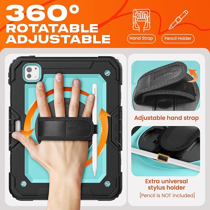 SEYMAC stock Case for iPad Pro 11-inch M5-M4 2025-2024, Shockproof Heavy Duty Case with Screen Protector, Pencil Holder, Rotating Stand, Hand Strap, Shoulder Strap, SkyBlue