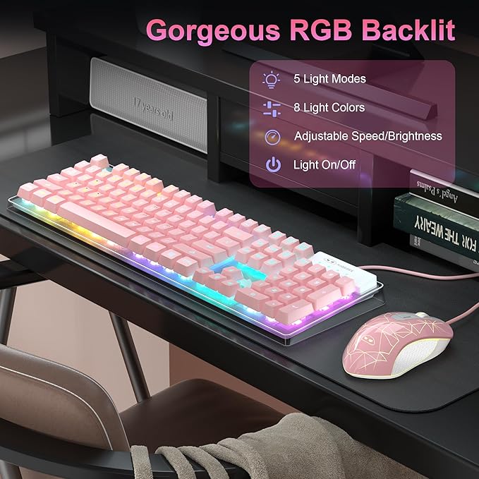 Gaming Keyboard and Mouse Combo, K1 RGB LED Backlit Keyboard with 104 Keys Computer PC Gaming Keyboard for PC/Laptop (Pink)