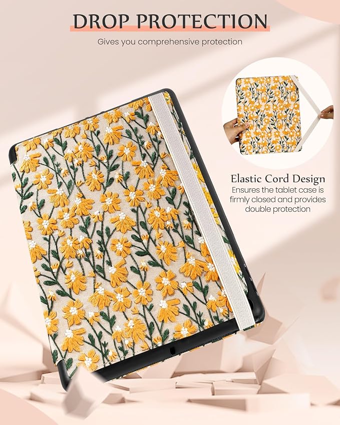 Uppuppy for iPad 9th/8th/7th Generation Case 10.2'' - for Women Girls Cute Embroidered Folio Stand Cover with Pencil Holder & Card Slot Girly Yellow Daisy Design Aesthetic Cases for iPad 7th/8th/9th
