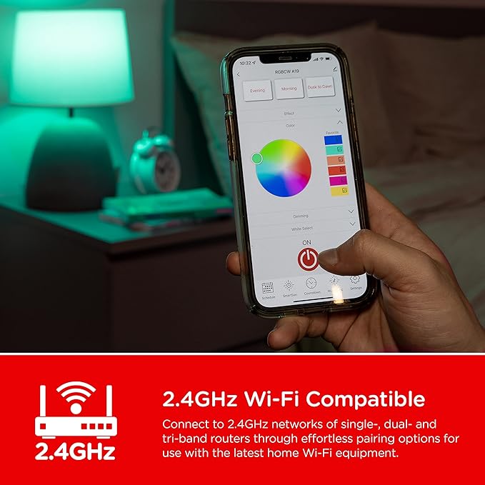 UltraPro Wi-Fi LED Smart Light Bulb, A19, 60W Equivalent, RGB, Color Changing, White Select Tunable 2700K - 6500K, Dimmable, 2.4GHz Router Required, Circadian Rhythm, Easy-to-Use App, 2 Pack, 51449