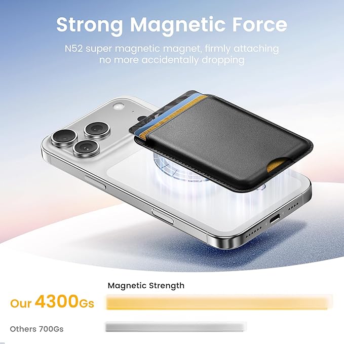 Stronger Magnetic Wallet for iPhone 17/16/15/14/13/12 Series & for MagSafe-compatible Cases, Slim Leather Magnetic Card Holder with RFID Blocking, N52 Magnet Phone Wallet, Fit 3 Cards, Black