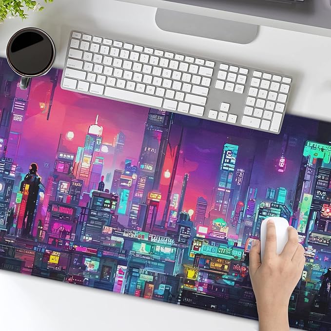 Retro Japanese Anime Gaming Mouse Pad XXL Cool Dark Purple Red Vaporwave City Extended Large Desk Mat Big Mousepad Non-Slip Rubber Base Stitched Edge Long for Computer, 35.4x15.7 in